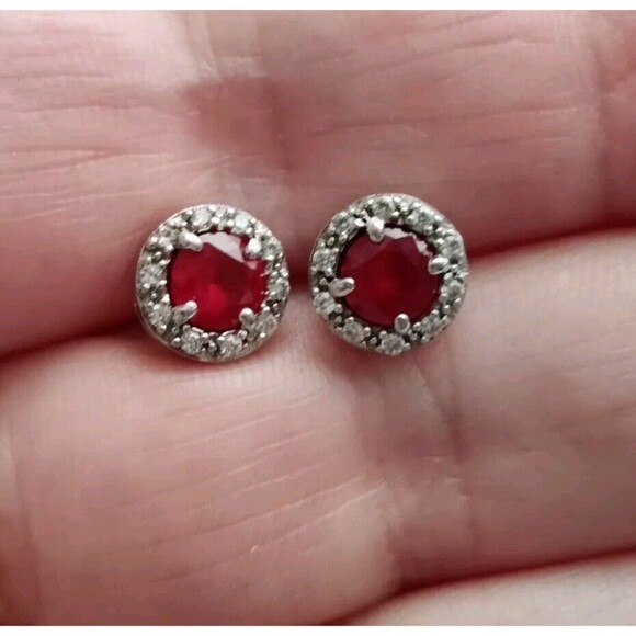 Round Lab Created Ruby Halo Stud Earrings 925 Sterling Silver No Backs - Picture 2 of 5
